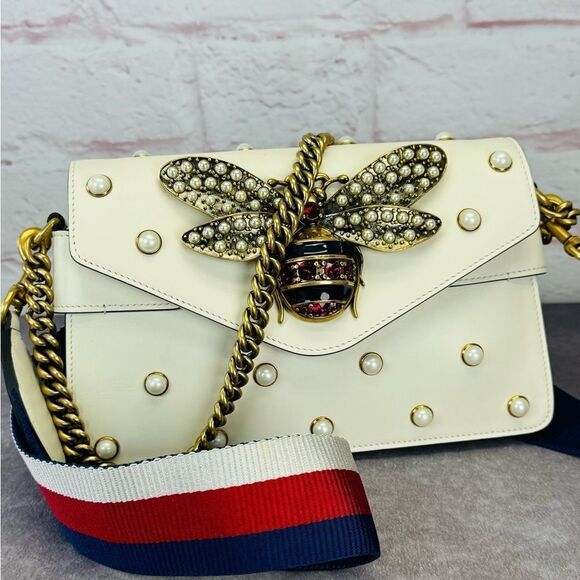 Gucci Rare Queen Margaret Pearl Web Nappa Leather Flap Broadway Bag - Picture 2 of 15